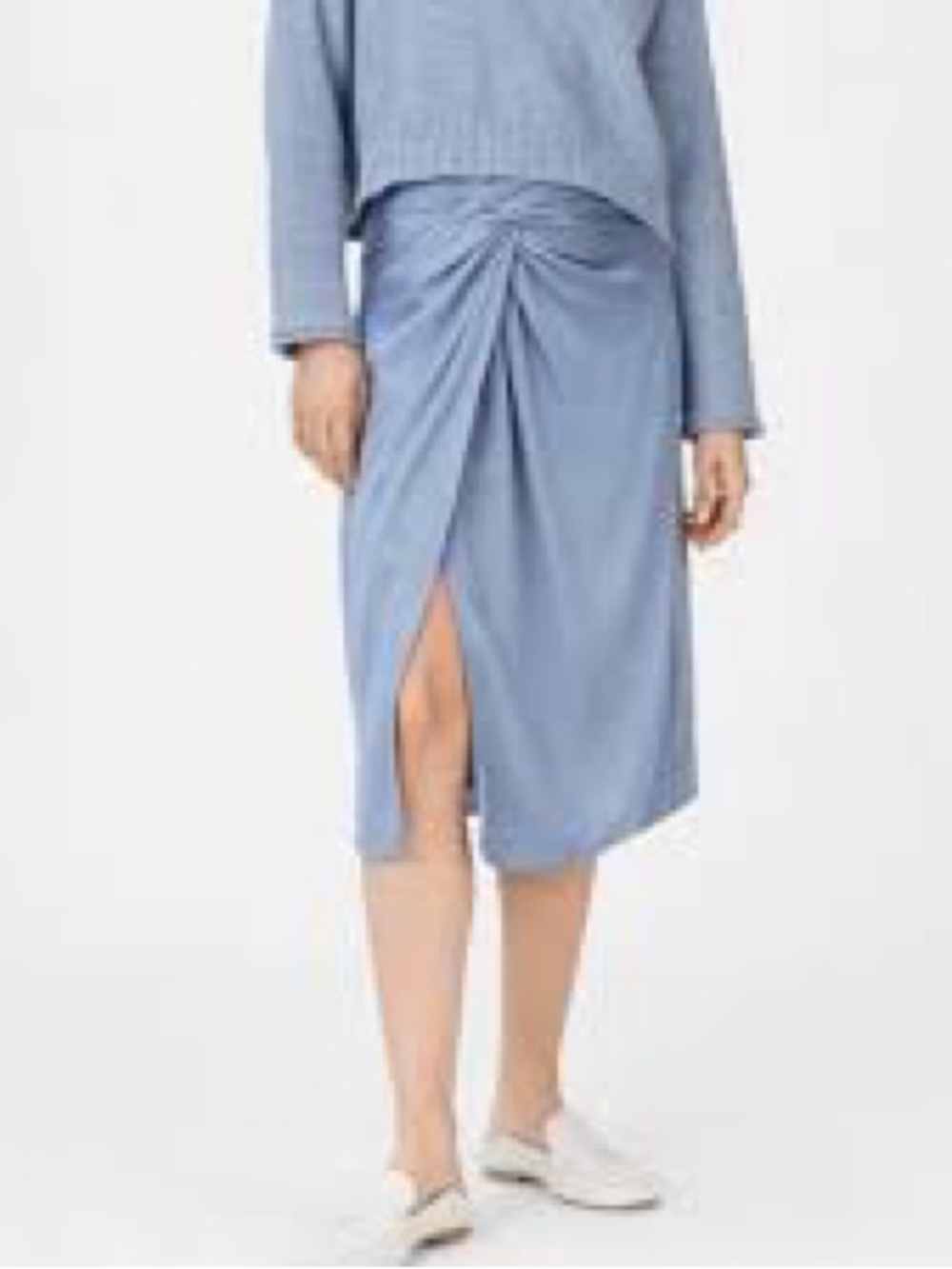 Club Monaco Silk-Feel Dusty Blue Knot-Front Midi Skirt - Picture 6 of 7